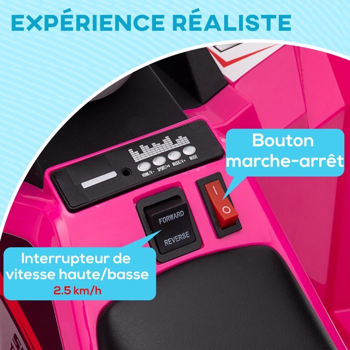 Quad eléctrico HOMCOM para niños, vehículo con batería de 6 V, marcha adelante y atrás, 70 cm de largo x 41,5 cm de ancho x 48,5 cm de alto, color rosa.