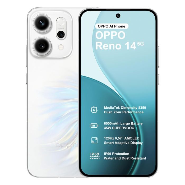 Smartphone 5G - OPPO Reno14 - 12 GB de RAM - 256 GB - Blanco - Pantalla AMOLED de 6,59” - Batería de 6000 mAh - Editor con IA - Versión UE