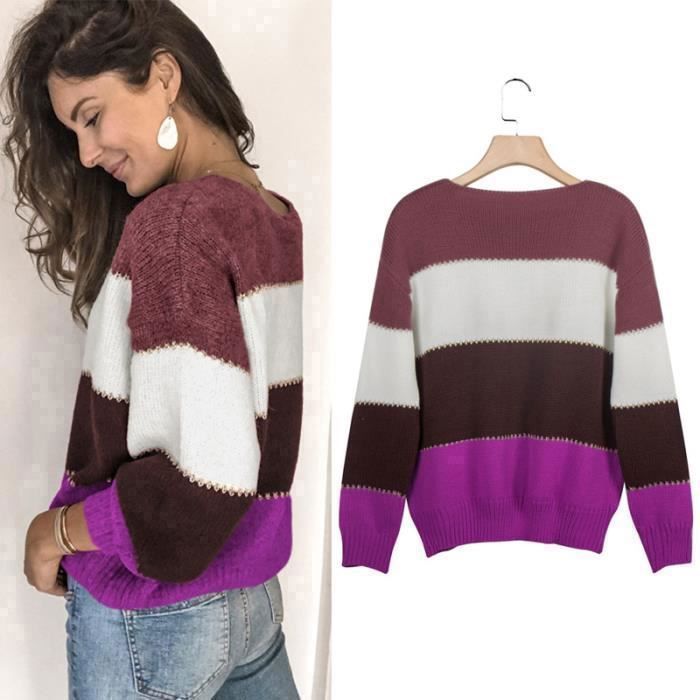 Jersey de mujer bicolor de cuello redondo y manga larga, estilo casual chic, otoño 2025, morado.