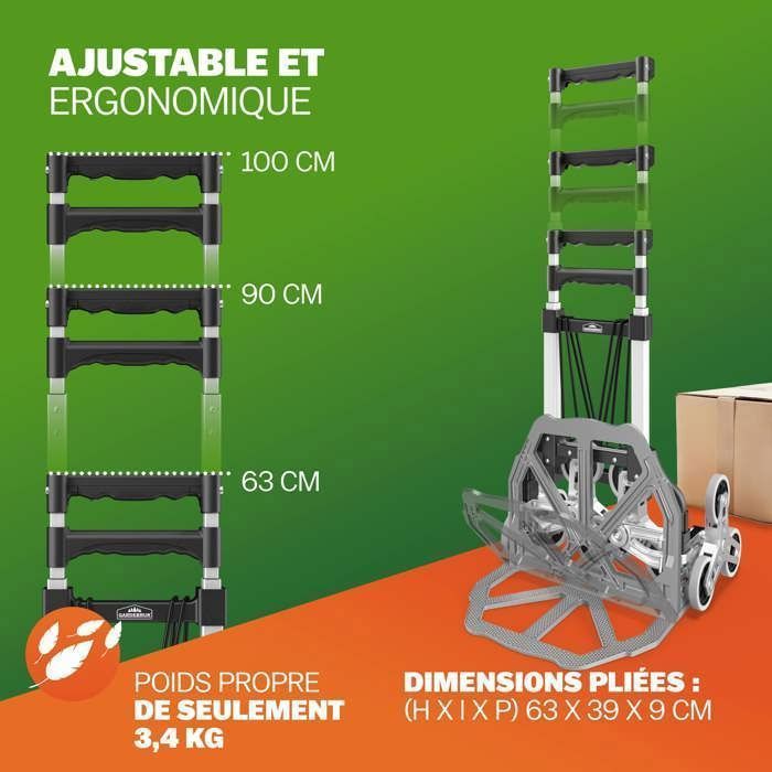 GARDEBRUK® Diable aluminium pliable escalier 80kg 6 roues pleines increvables gants 2 tendeurs chariot de transport déménagement