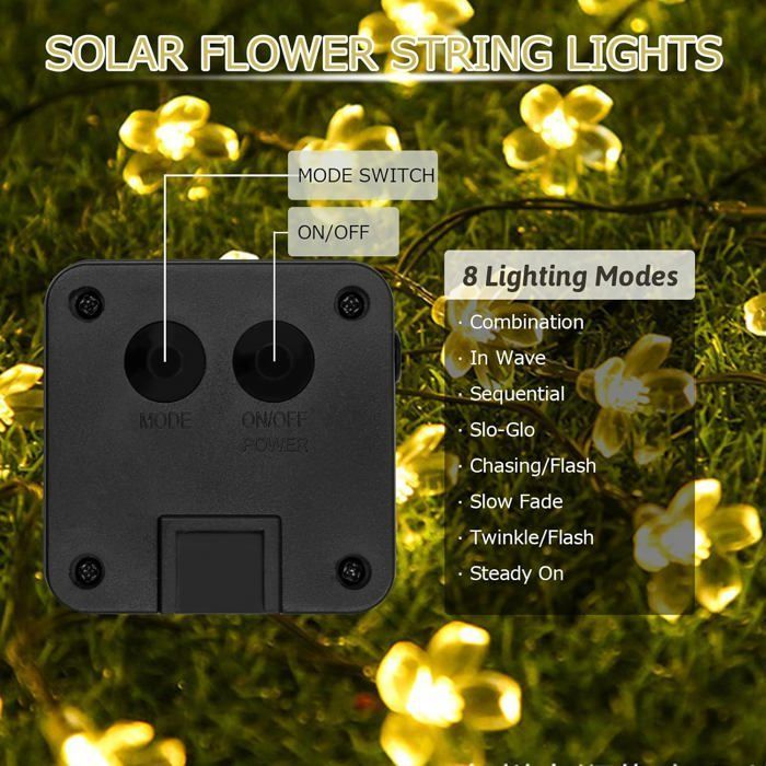 Cordão de luzes solares para exterior, luzes LED à prova d'água em formato de flor, 40 LEDs, à prova d'água, 8 modos (branco quente)