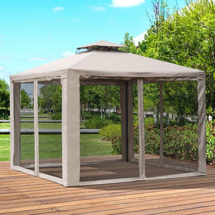 Outsunny Pavillon de jardin tonnelle barnum style colonial double toit toiles moustiquaires amovibles zippées taupe