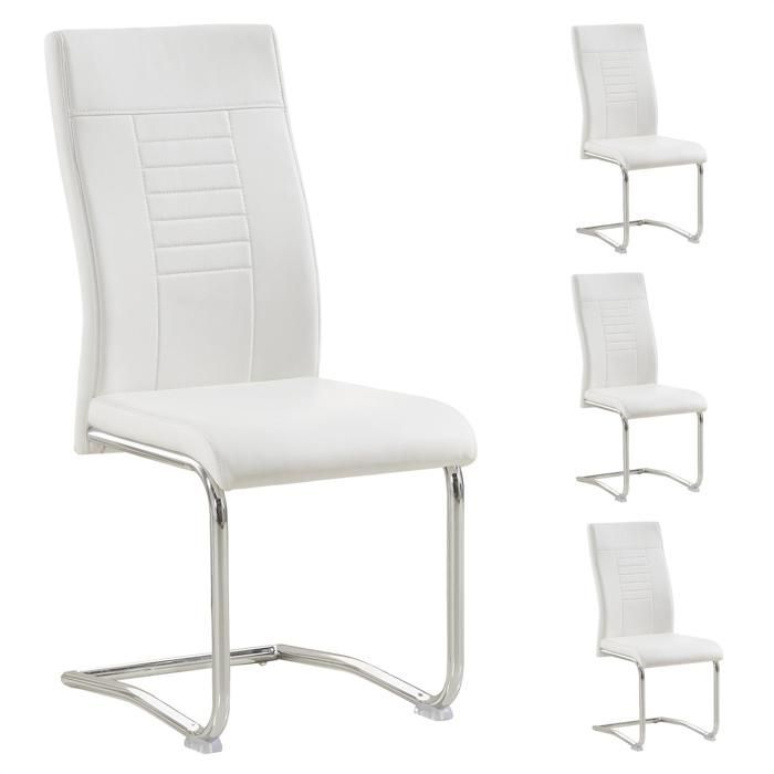Lot de 4 chaises de salle à manger ou cuisine LOANO, Chaise cantilever avec assise rembourrée et piètement en métal chromé, Blanc