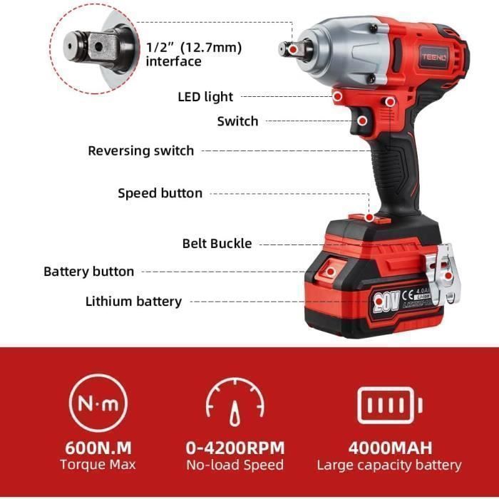 TEENO 20V Brushless Lithium-Ion Impact Wrench with 4.0Ah Batteries, 4 Impact Sockets, 600N.m (two batteries)
