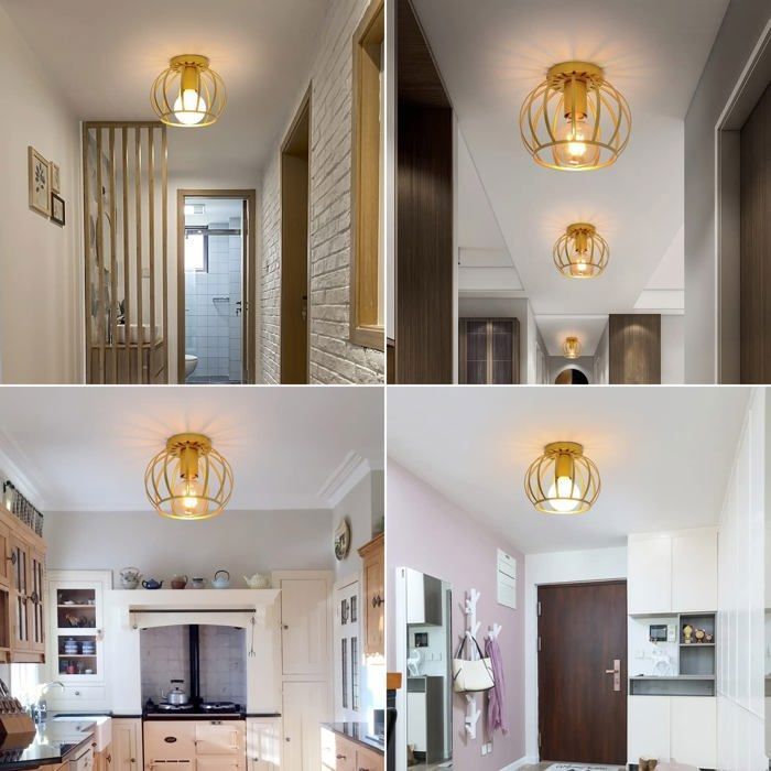 DORLINK Plafonnier Industriel en Métal Doré – Ø20 cm – Luminaire Plafonnier Design Rétro pour Salon Chambre Couloir