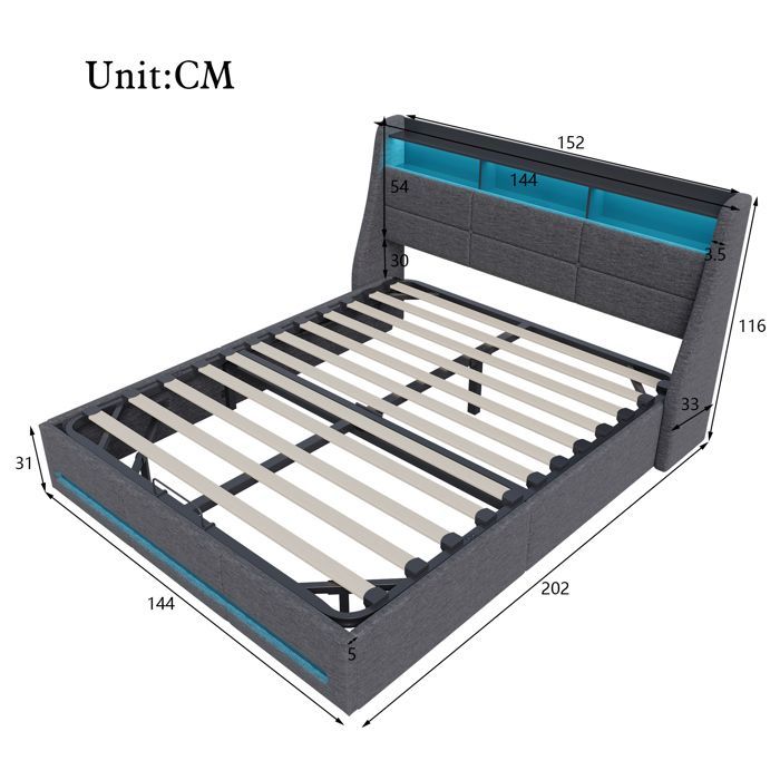 Lit coffre 140x190 - SUNFECILI - Gris foncé - Avec sommier - LED et USB - 2 places