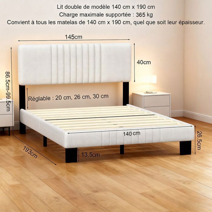 Lit double - 140x190 cm - Tête Rembourrée Lin - Sommier à lattes bois - Double Support en Métal et Bois - Cadre solide silencieux