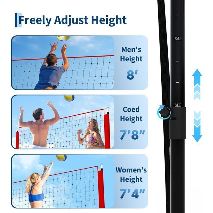 Filet de volleyball portable 248x107x335 cm - Hauteur réglable 1,9–2,4 m, structure acier/fibre de verre avec sac