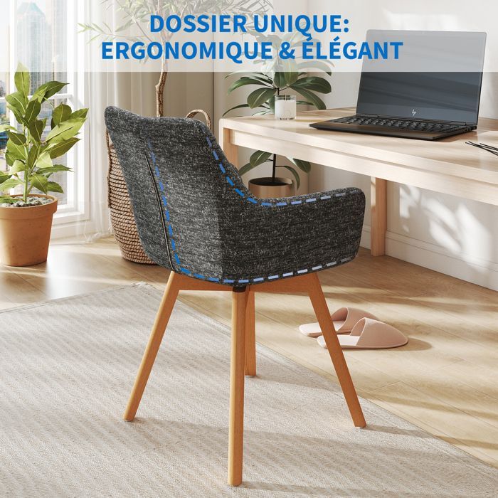 WAFTING Lot de 4 chaises pivotantes 360°,accoudoirs et pieds bois, dossier haut avec coussin en molleton. Gris Foncé.