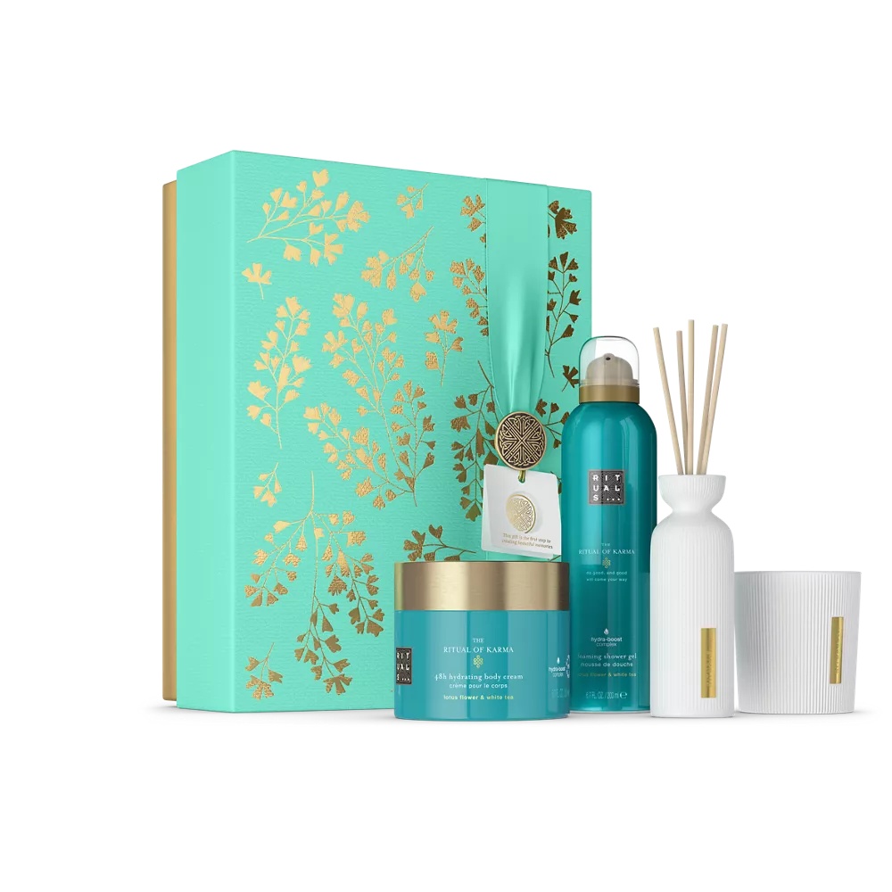 Darčeková sada Ritual of Karma L penový sprchový gél 200ml, telový krém 200ml, vonná sviečka 140g, mini vonné tyčinky 70ml