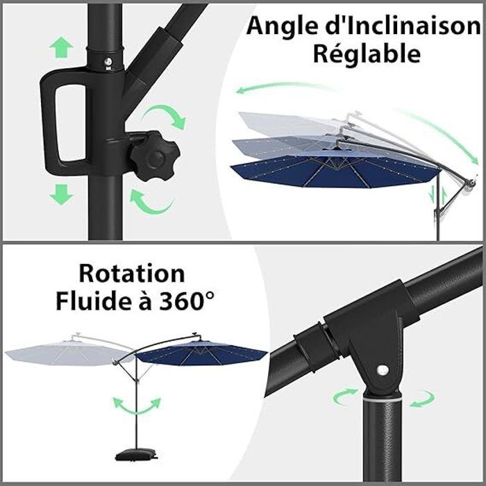 Parasol de Jardin Extérieur -RELAX4LIFE- 3M - Rotation à 360° - 32 LED Solaire - Parasol Déporté Manivelle - 8 Baleines -Bleu Foncé