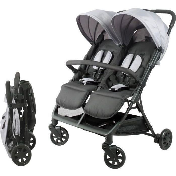 Bambisol - DS209 GRIGIO NERO - Passeggino doppio affiancato | Per gemelli dalla nascita, chiusura ultracompatta | Nero Grigio
