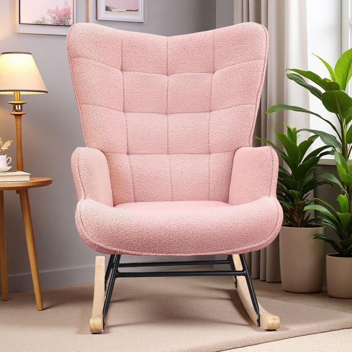 Poltrona a dondolo per allattamento - Rosa - Tessuto in velluto Teddy - Design contemporaneo - 1 posto - MOBILI