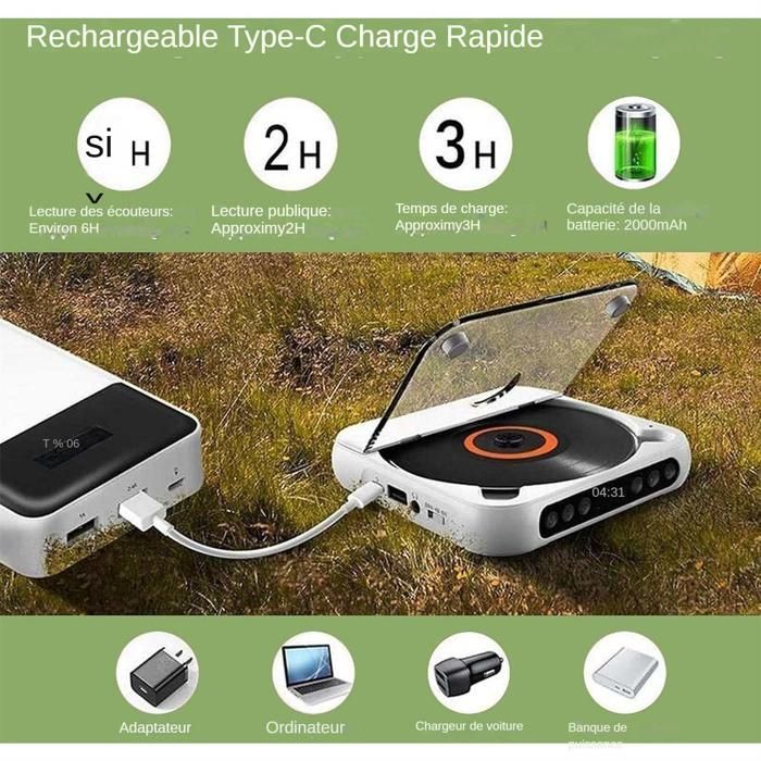 Portable Bluetooth CD Player, USB Type-C Rechargeable with Speaker, MP3/WMA Playback, and LED Screen
