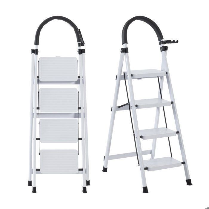 Seven Comfort-Escabeau 4 marches(Seul)-Pliant-Stabilité et sécurité optimales-chargé 150KG-En Acier-Blanc