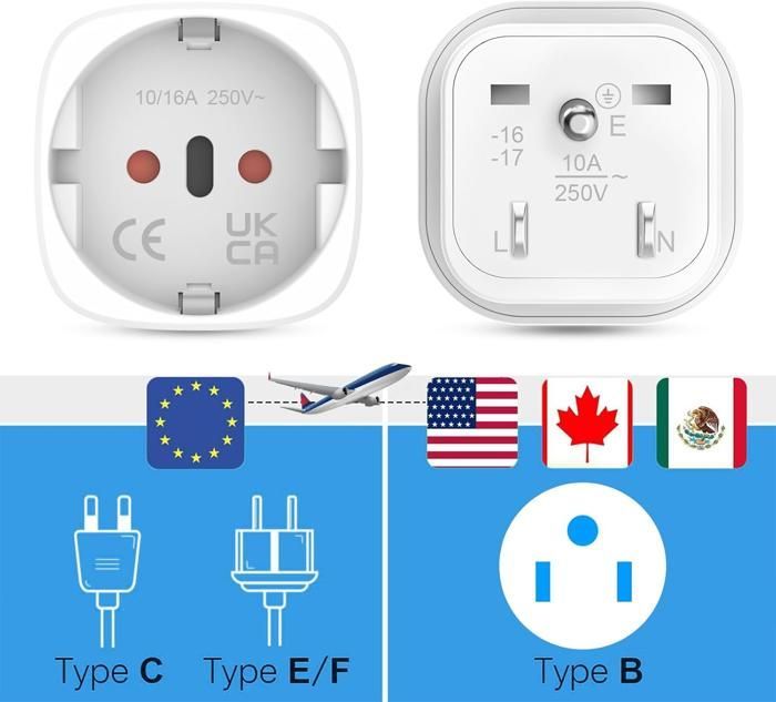 Adaptador de viaje de 2 piezas de Francia a EE. UU., adaptador de enchufe de EE. UU., adaptador de enchufe tipo B para Canadá, México y Tailandia - TOPESCT