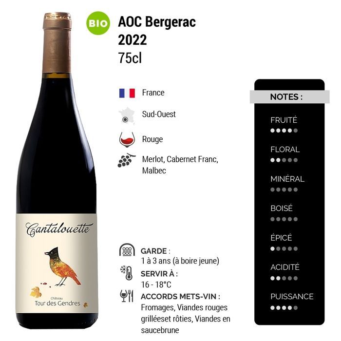 Château Tour des Gendres Bergerac Cantalouette 2022 - Vino tinto del suroeste de Francia (6 x 75cl) Ecológico