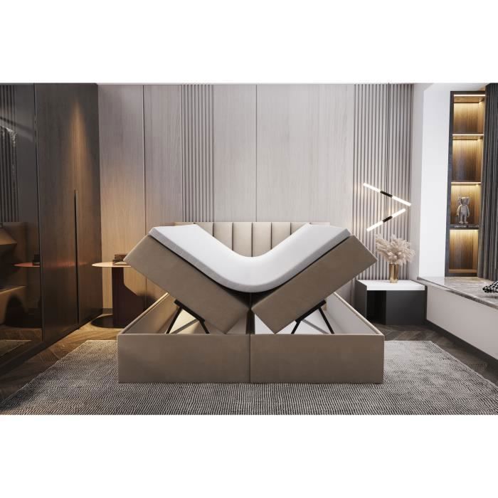 Cama PALERMO para adultos de 160x200 cm - con colchón de muelles integrado, espacio de almacenamiento y sobrecolchón - tejido de terciopelo - beige