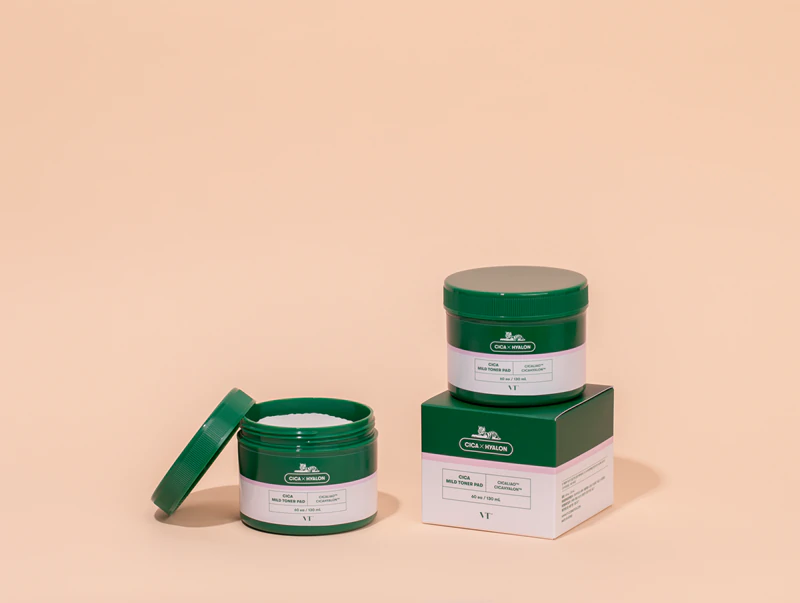 Discos esfoliantes faciais VT Cosmetics Cica Mild Toner Pad com efeito calmante.