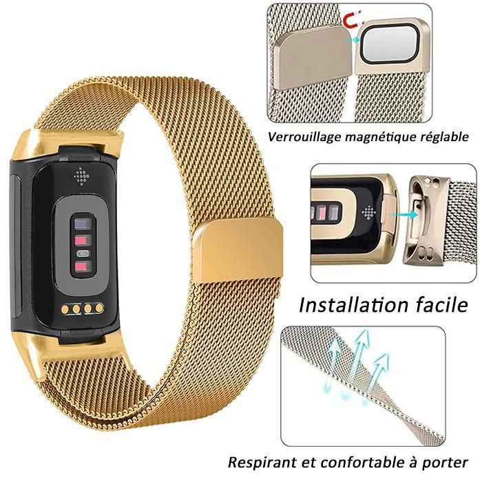 Luxe Milanese armband van roestvrij staal, compatibel met de Fitbit Charge 5/6 activity tracker, elegante champagnekleurige afwerking.