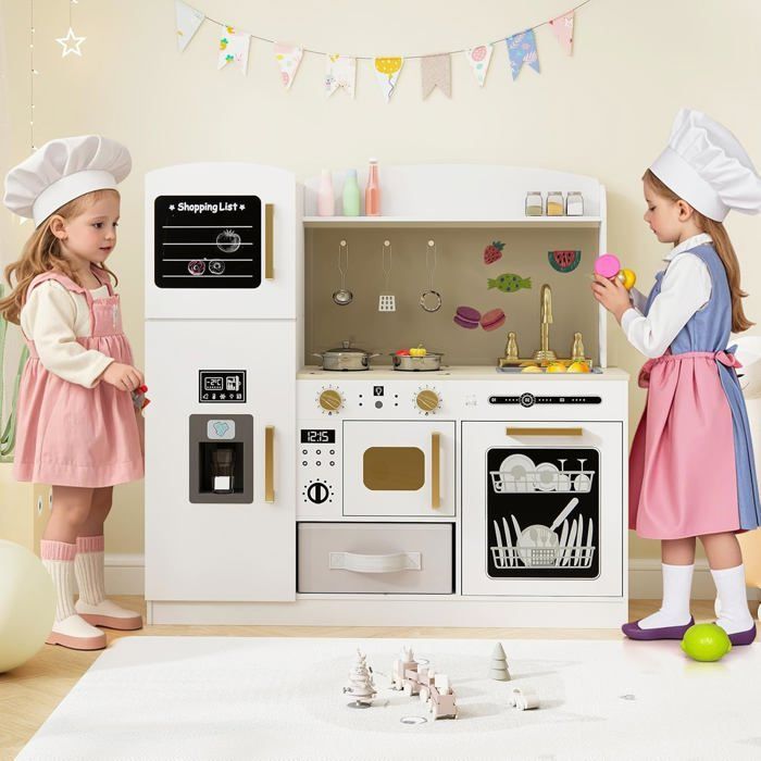 Cocina infantil COSTWAY para mayores de 3 años, 10 piezas con accesorios, efectos de luz y sonido, lavavajillas, microondas, pizarra...