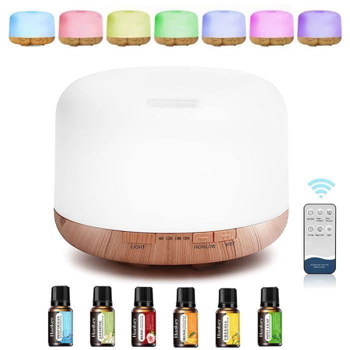 500ML Essential Oil Diffuser Humidifier with 7 LED Colors, Timer and Control, Diffuser with 6 Essential Oils
