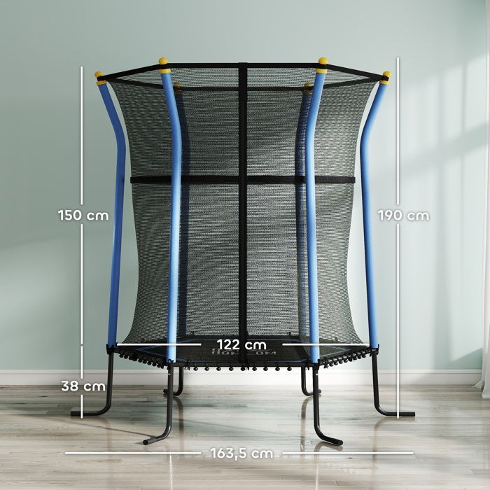Children's trampoline - HOMCOM - Ø 1.63 x 1.9 m, safety net, zipped door, 6 poles - steel - blue/black