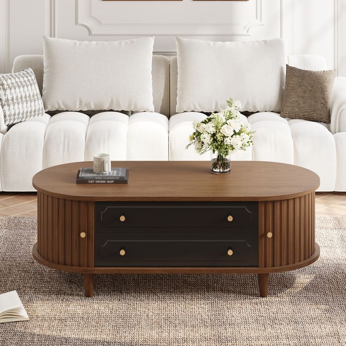 Moderne salontafel met twee lades, 100 x 50 x 36 cm. Vierpotige woonkamertafel met schuifdeur. Walnoot en zwart.