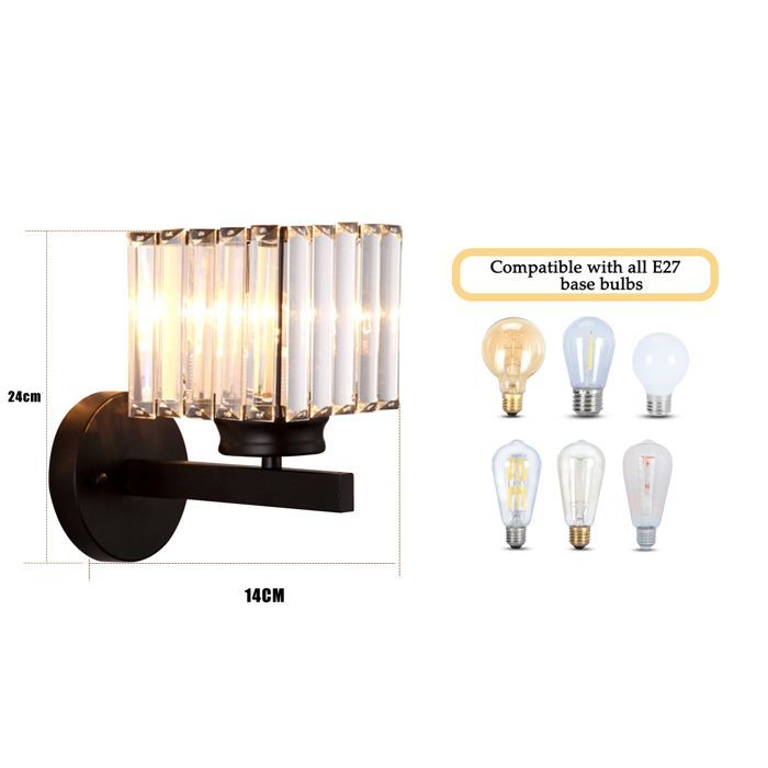SNOGOLD Retro Kristallen Wandlamp, Moderne Vierkante Zwarte Kristallen Wandlamp, E27 Fitting voor Nachtkastje, Slaapkamer, Hal