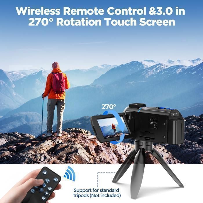 Videocámara 4K de 48 MP, cámara de vídeo para vlogging, pantalla táctil giratoria de 3