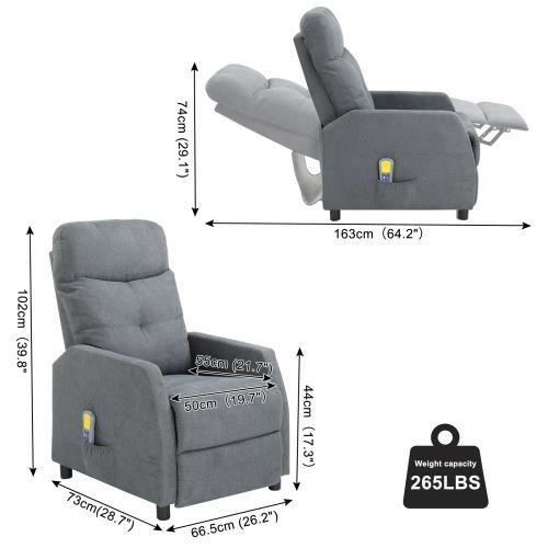 Relaxsessel mit Massagefunktion und verstellbarer Fußstütze, 97 x 64 x 105 cm, hellgrau