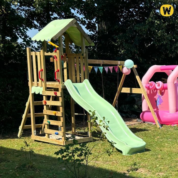 WICKEY MultiFlyer Light wooden play tower with swing, rope ladder and slide, 220 cm, green – 10-year guarantee*