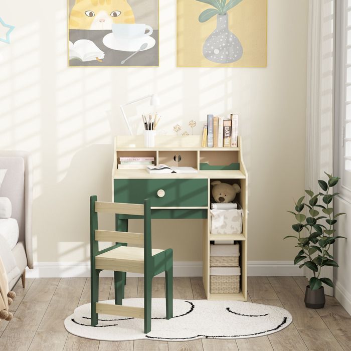 Conjunto de escritorio y silla infantil AIYAPLAY - Estantes y cajón - Muebles para niños de 3 a 10 años - Verde