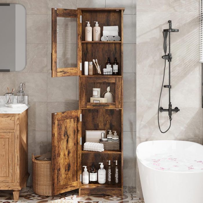 Columna de baño de 5 niveles con 2 puertas, armario de almacenamiento para baño, estante ajustable, dispositivo antivuelco, 40x31x170cm