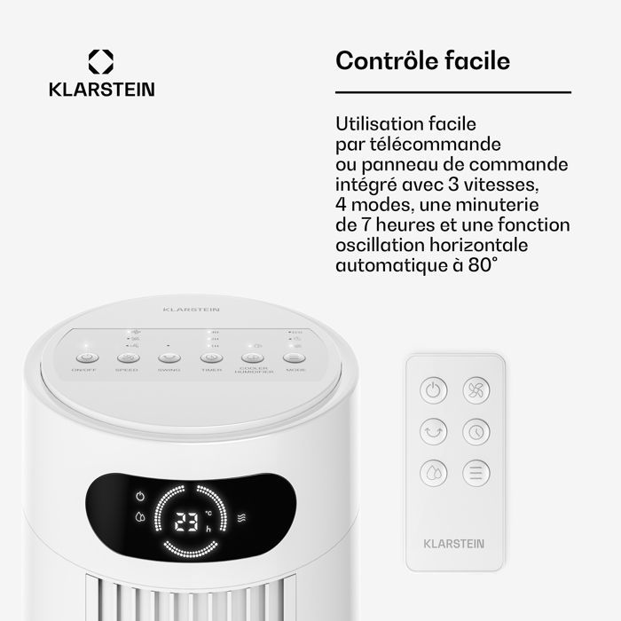 Ventilador enfriador de aire - Klarstein Frost - 200 m³/h - 7 L - 20 m² - 4 modos - 3 niveles de potencia - Control remoto