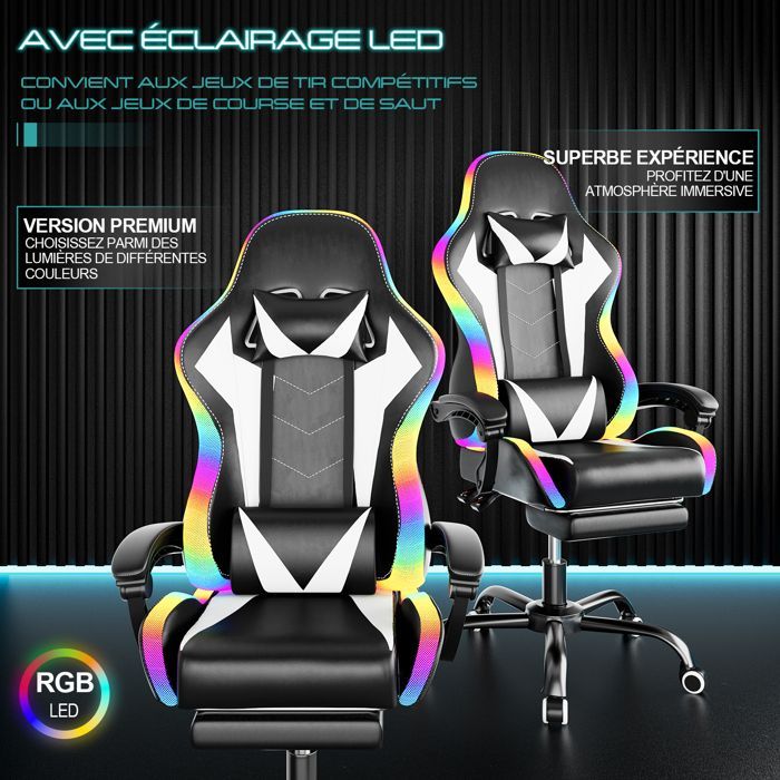 Silla gaming ergonómica con LED RGB, masaje lumbar y reposapiés – Silla gaming con reposacabezas ajustable – 180 kg, blanca