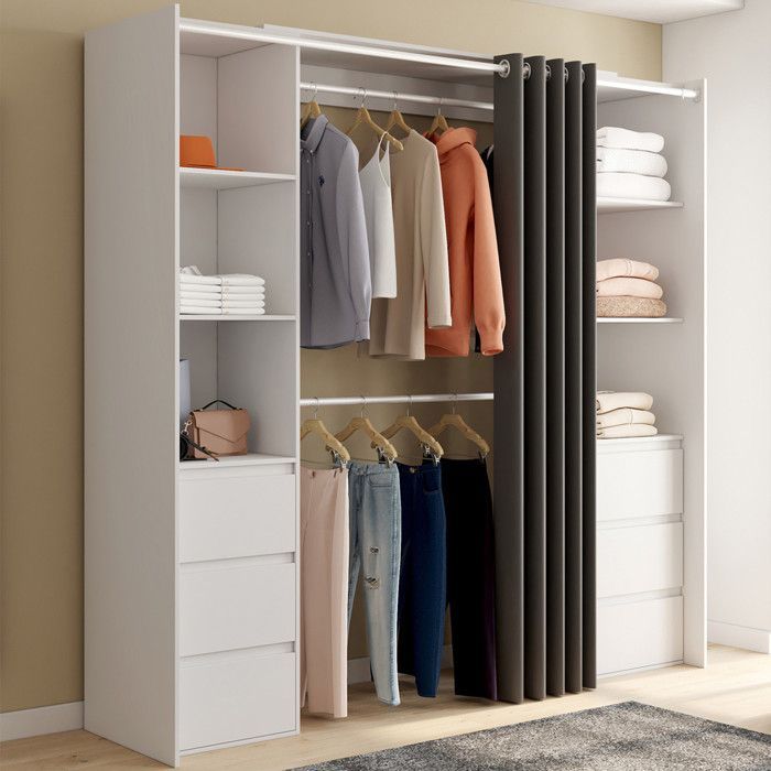 IDMARKET MERYL 120/180 cm White Extendable Double Wardrobe with 6 Drawers + Shelves + Double Hanging Rail + Grey Curtain
