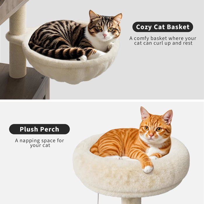 Arbre à Chat avec Maison de Litière, Meuble de Toilette en Bois avec Tour à Chat, Griffoir Perchoir, Plateformes - Gris