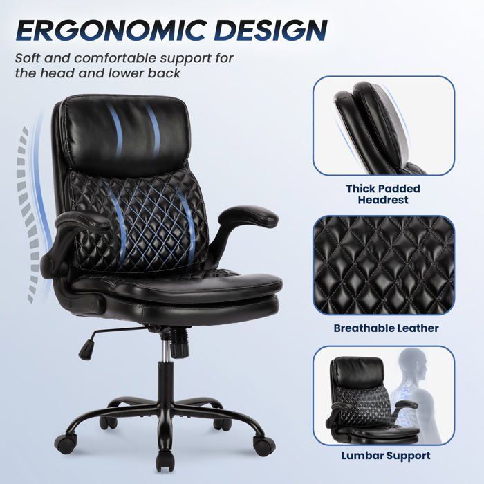 Silla de oficina ergonómica de cuero con altura ajustable, respaldo reclinable y cómodos reposabrazos (negra).