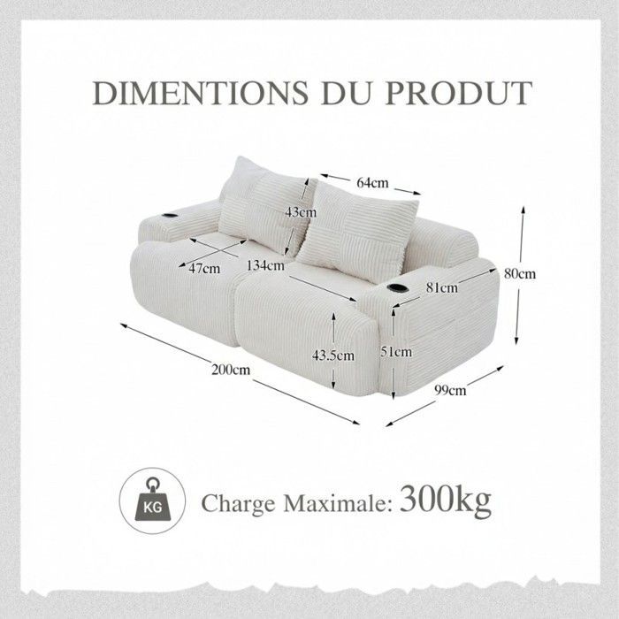 Canapé modulable 2 places - LANGTU - 2 Places Modulable - Velours côtelé beige - Porte-gobelet & poche latérale - 200×99×80cm