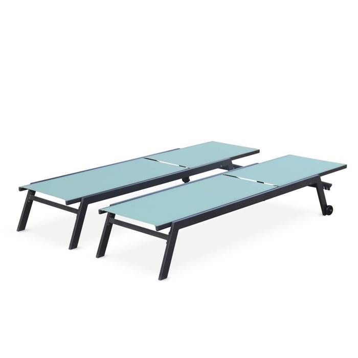 Lot de 2 bains de soleil ELSA en aluminium gris anthracite et textilène vert de gris. transats multi positions avec roulettes