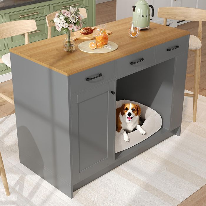 Isla de cocina tipo buffet con 3 cajones y especiero, 120 × 60 × 90 cm, gris.