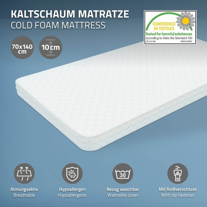 ML-Design kindermatras 70x140x11 cm, koudschuim, Oeko-Tex 100 gecertificeerd, met afneembare, wasbare hoes met ritssluiting, slijtvast