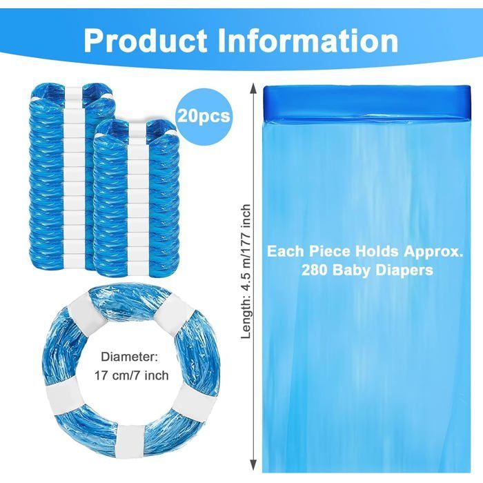 20 Recharge Poubelle A Couche, Sac Poubelle Couche Grande Capacité, Bebe Recharge Sac Poubelle Couche Compatible Avec Tommee Tippe