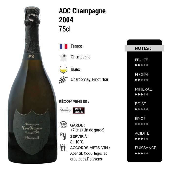 Champagne P2 Plénitude Blanc 2004 - 75cl - Dom Perignon - 95-100 Robert Parker - Cépages Chardonnay, Pinot Noir