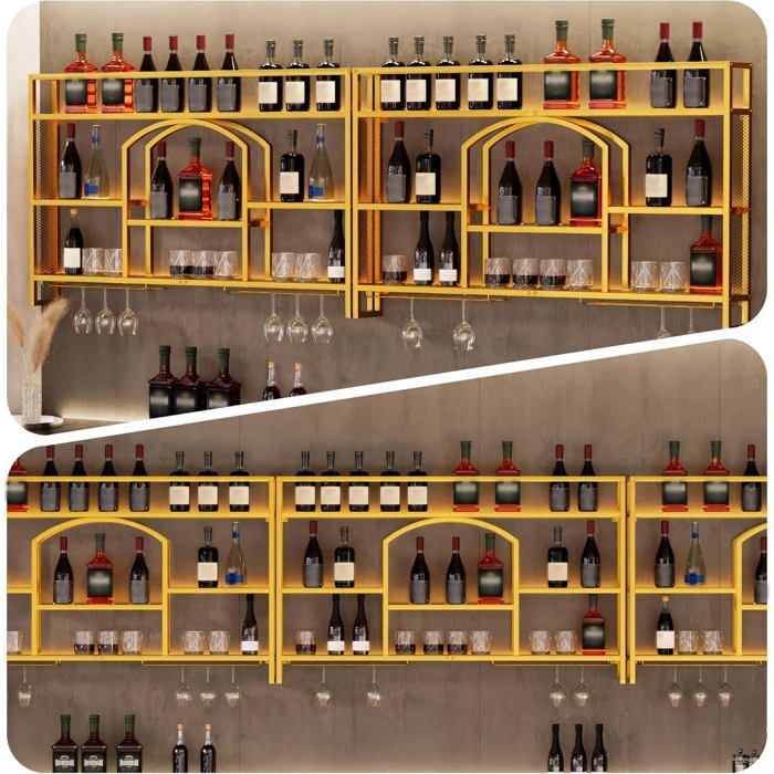 GOOBUY Suporte de Parede para Vinhos, 140cm, Suporte de Metal para Vinhos, Suporte para Taças de Vinho, com Luz LED, Estilo Industrial, 140x15x81cm, Dourado