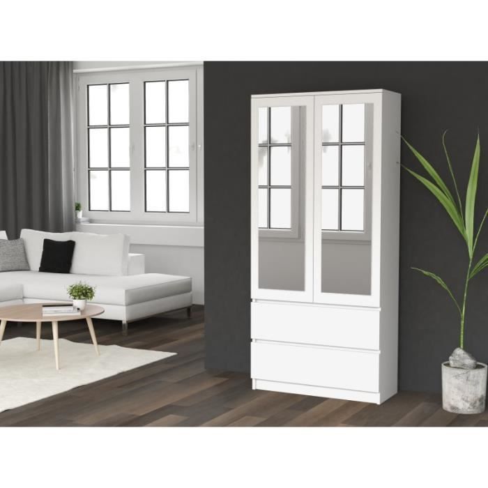 TURÍN - Armario moderno de 2 puertas con espejo para dormitorio - 90x50x180 - 2 cajones