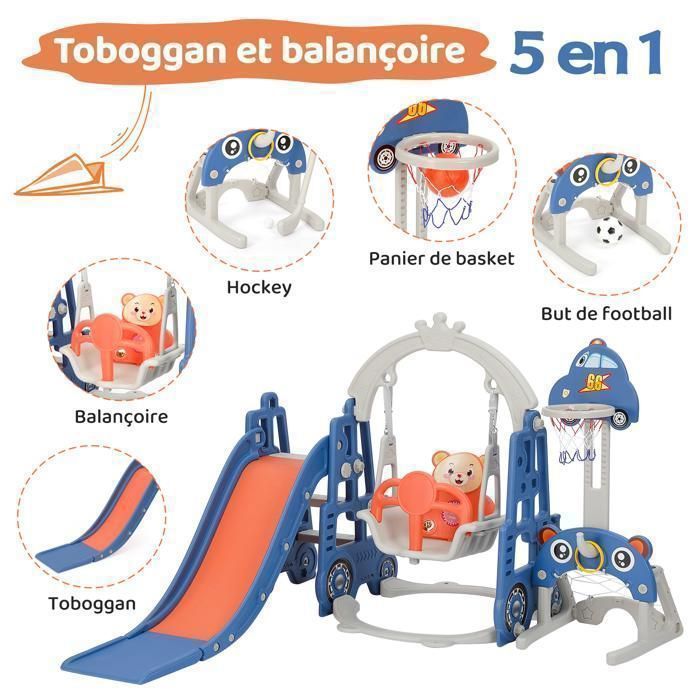 5 en 1 Toboggan pour enfants avec balançoire, toboggan, panier de basket, but de football, un jeu de lasso, hockey, Bleu