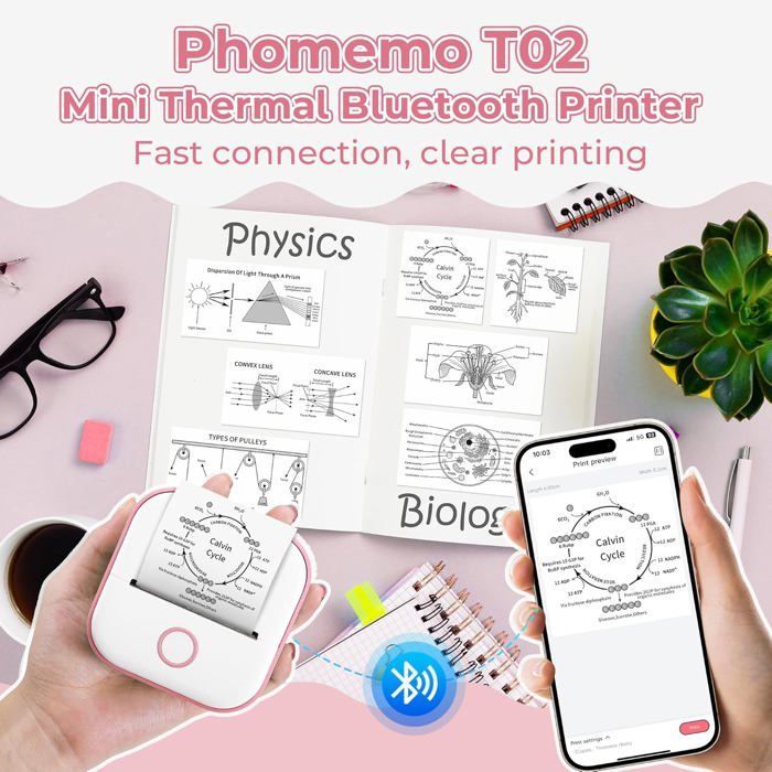 Mini impressora, impressora de adesivos T02, impressora térmica portátil para estudantes, impressora fotográfica em preto e branco, Primty I