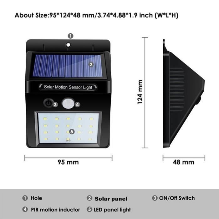 Luminária solar externa ONEVER - 20 LEDs com sensor de movimento - Preta